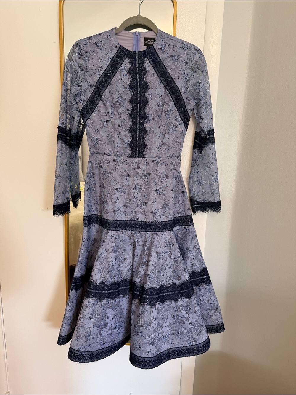 Self-Portrait Light Blue Floral Lace-Trim Long-Sleeve Fit & Flare Dress